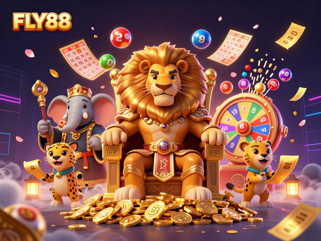 Experience thrilling wins at FLY88 with a vibrant 3D casino adventure scene featuring dynamic game elements.