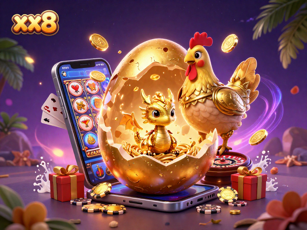 Experience the thrill of xx8 with a baby dragon amidst poker chips and dynamic casino elements.
