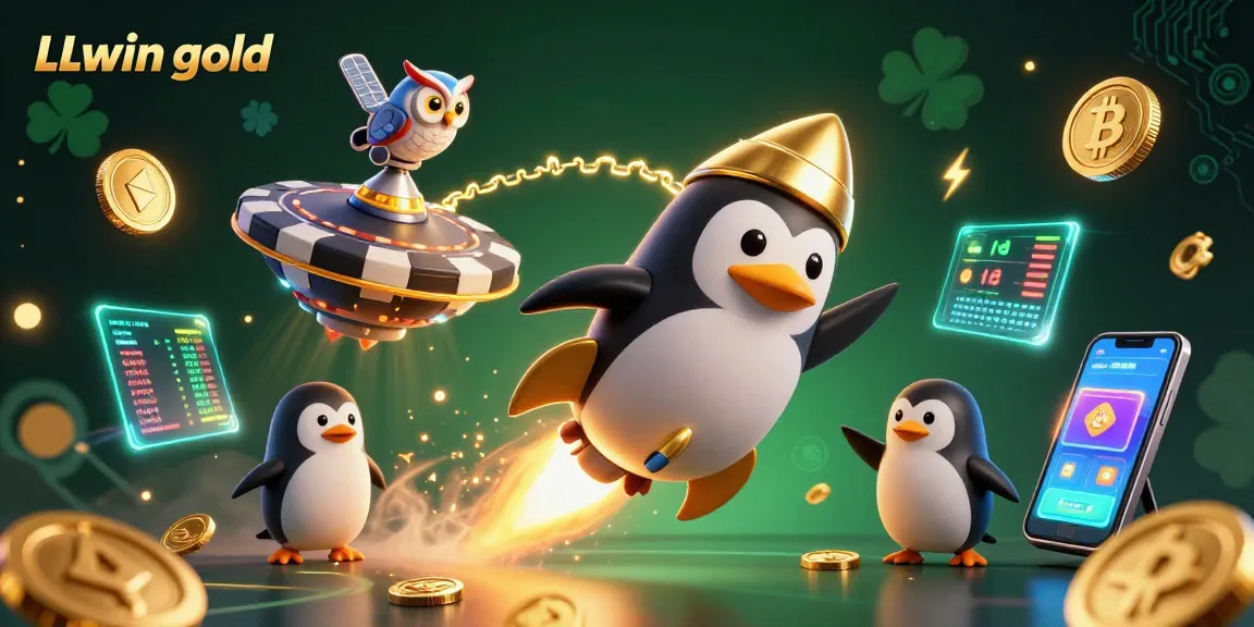 Experience LLwin gold with a dynamic scene featuring a golden penguin and casino elements.