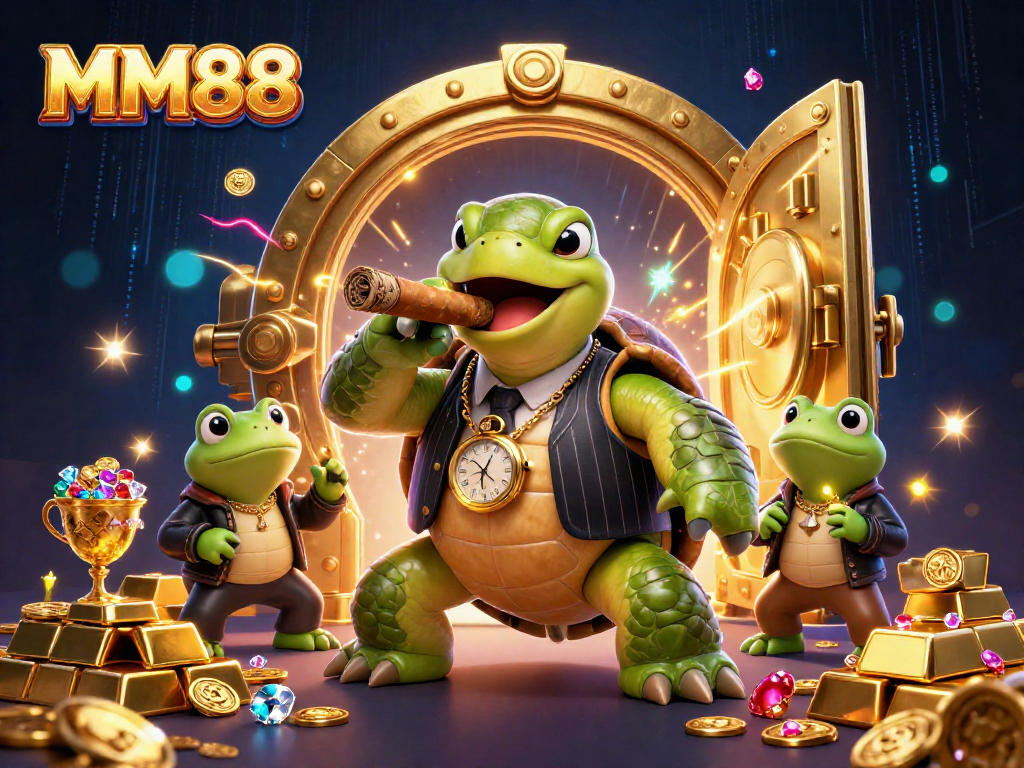 Win big at MM88 with a dynamic, vibrant casino scene featuring exciting characters and gleaming rewards.
