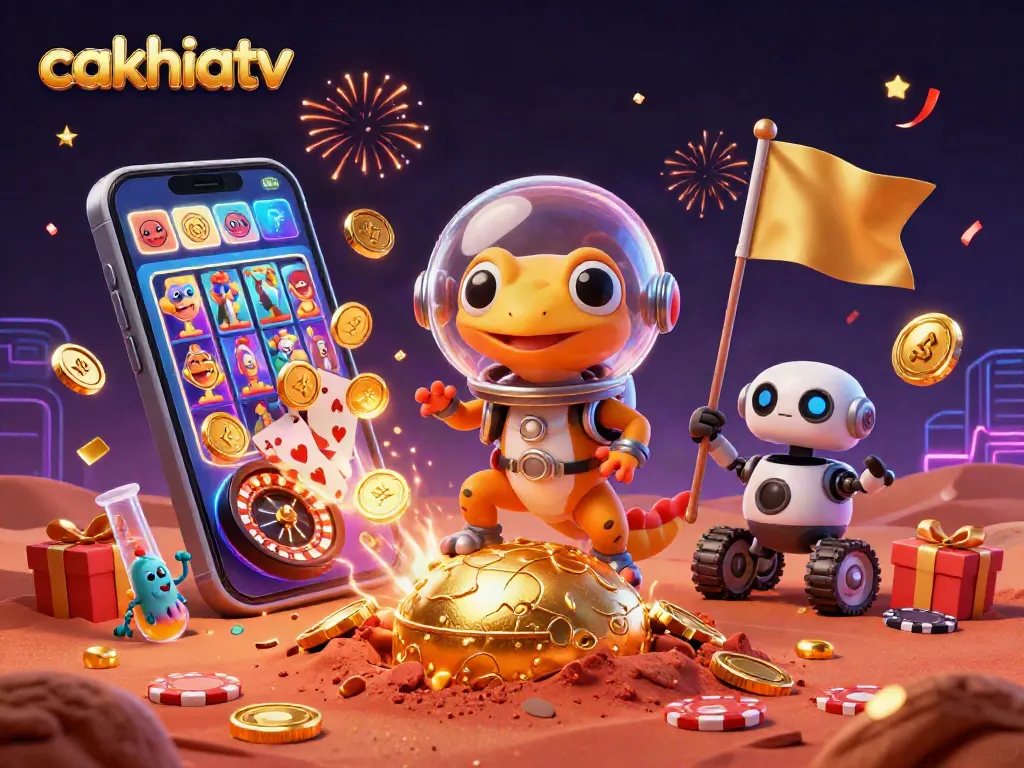 Experience the action-packed world of cakhiatv with vibrant aliens celebrating a golden casino discovery.