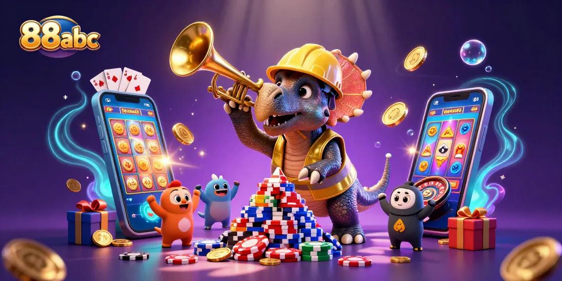 Engage with 88abc's vibrant casino fun featuring triceratops and slot games in a dynamic celebration.