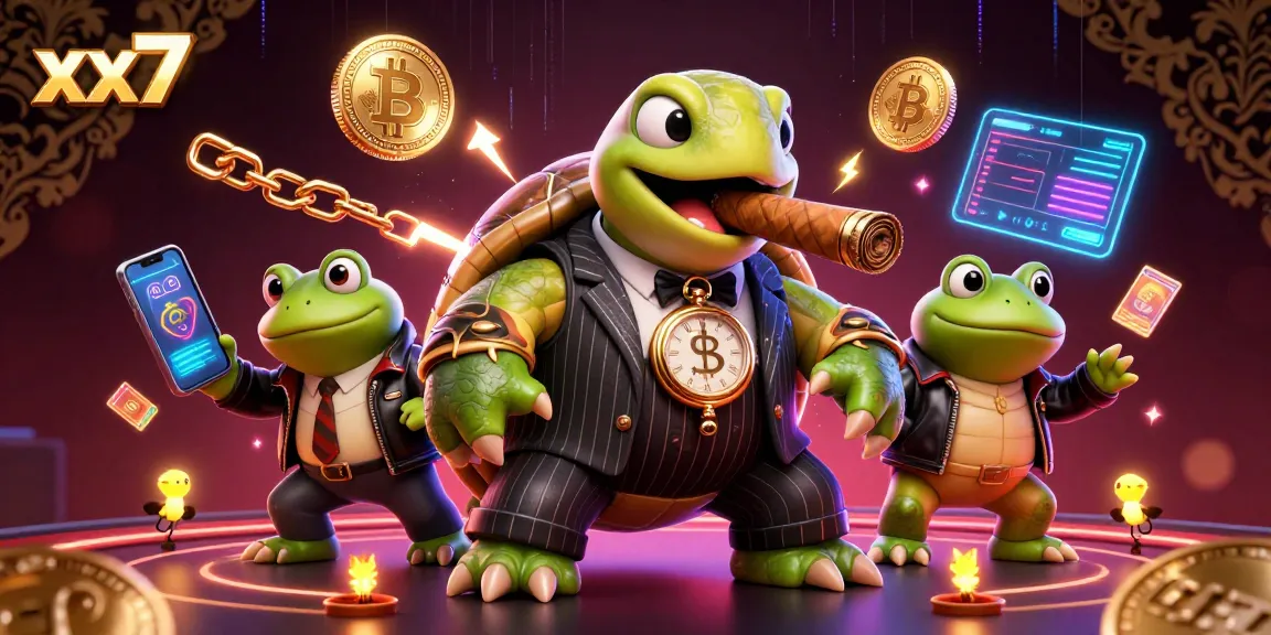 Strategically winning at the xx7 casino game, featuring a rich scene with vibrant characters and crypto elements.