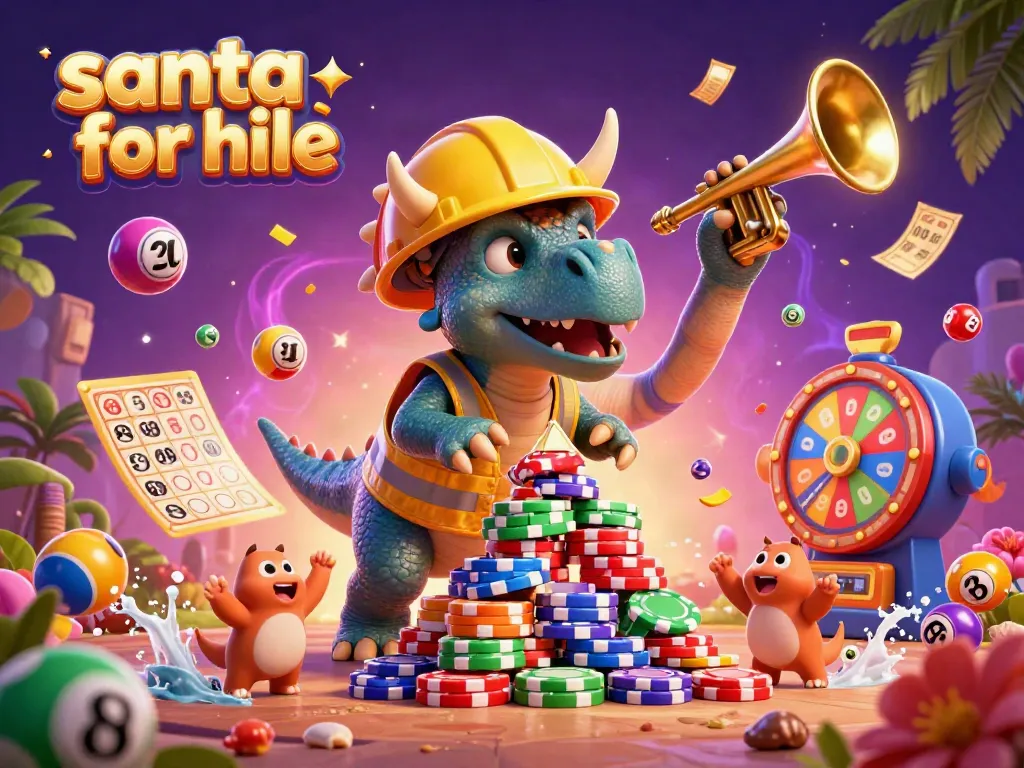 Engaging scene of "santa for hire" featuring a triceratops with poker chips, promoting festive gambling fun.