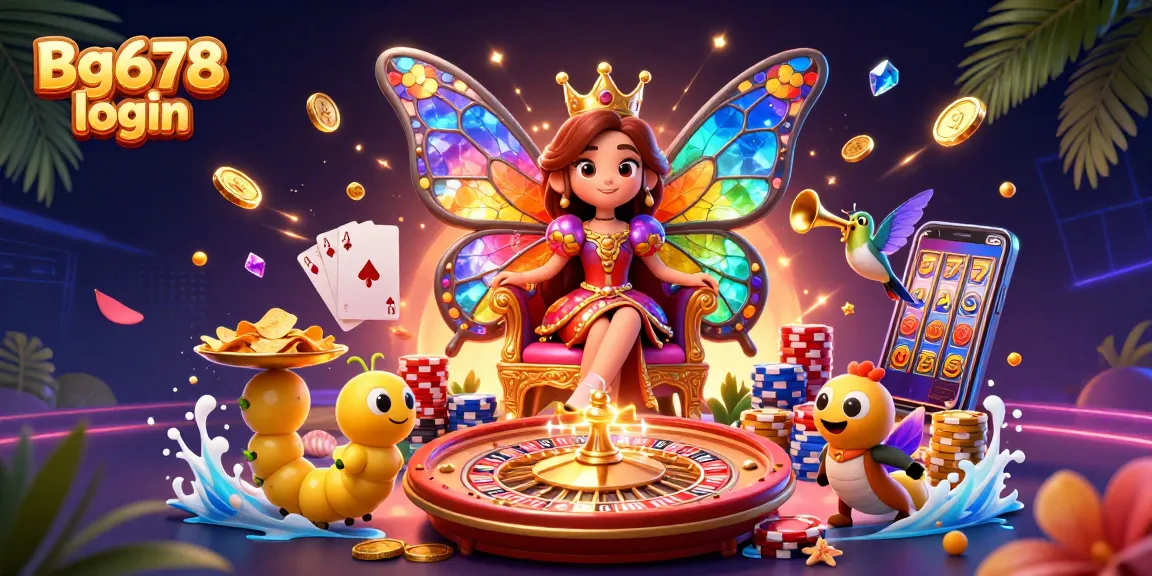 Engage with Bg678 login's vibrant gaming experience featuring a butterfly queen and thrilling casino elements.