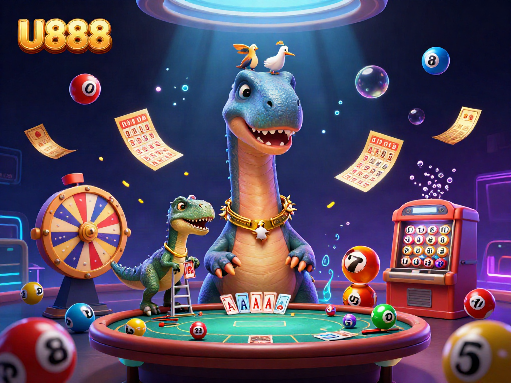 U888 casino scene with a towering brontosaurus and raptor dealer amid vibrant gaming elements.
