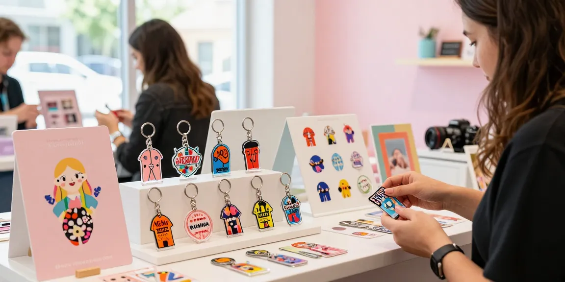 Custom acrylic keychains displayed in a vibrant retail setting, highlighting the intricate designs and colours.