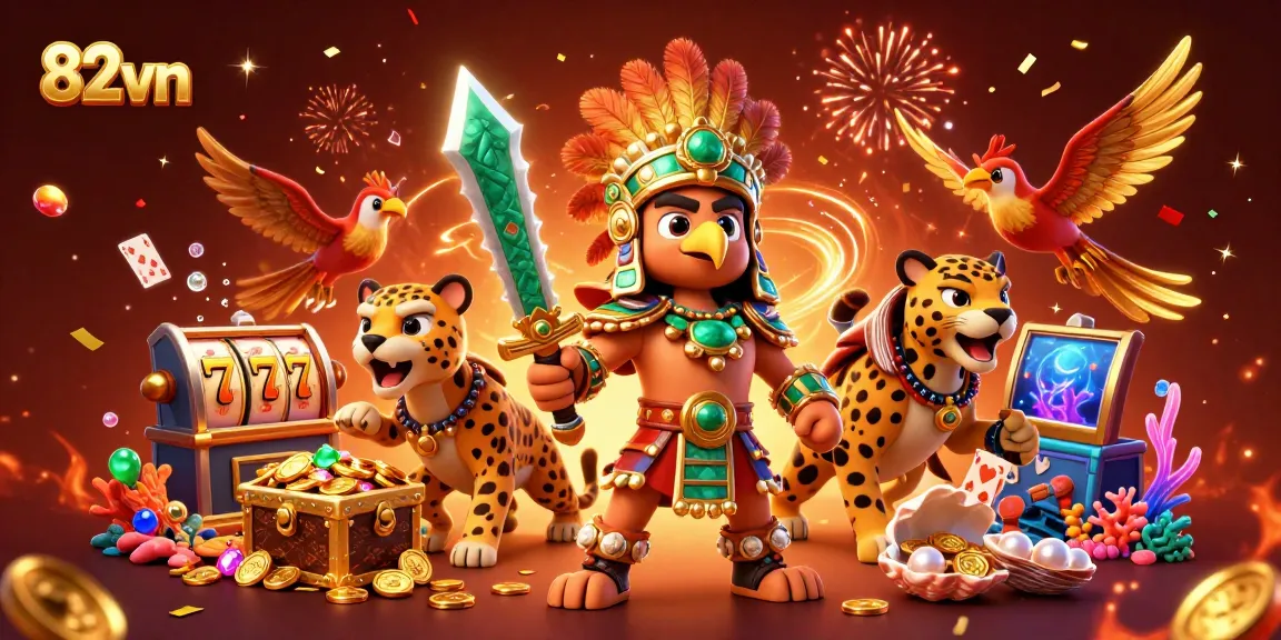 82vn presents a vibrant casino scene with characters celebrating surrounded by treasures and gaming elements.