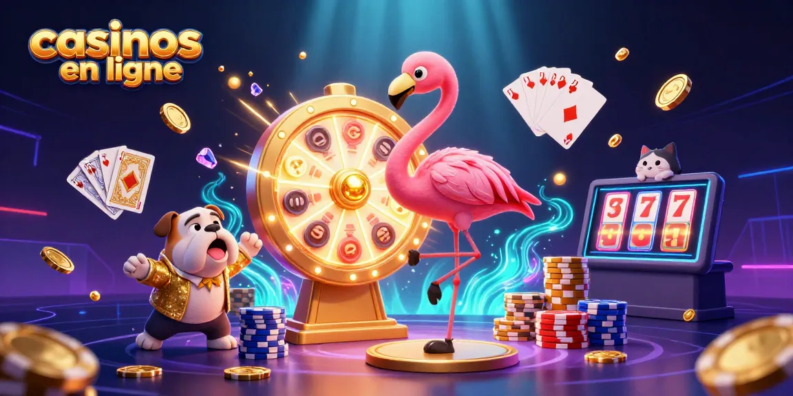 Entrez dans l'univers des casinos en ligne avec une illustration vibrante d'un animateur de jeu et un bulldog jubilatoire.