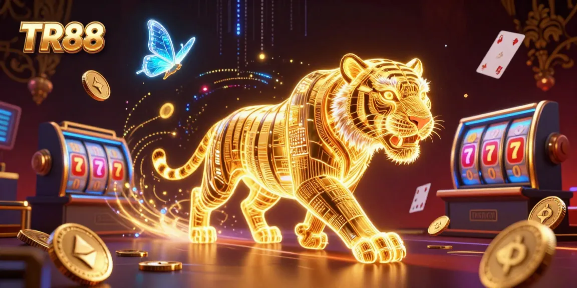 Experience the excitement of TR88 with a vibrant casino scene featuring dynamic casino elements, neon energy, and a glowing tiger.