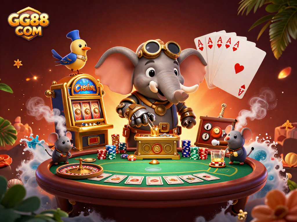 Engage with GG88 COM’s vibrant gaming experience featuring an elephant engineer and poker elements.