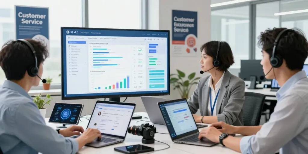 AI customer support team analyzing data and using technology in a modern office