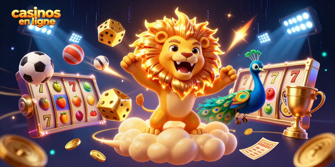 Gagnez avec les casinos en ligne grâce à une illustration 3D dynamique remplie d'éléments de jeu et de chance.