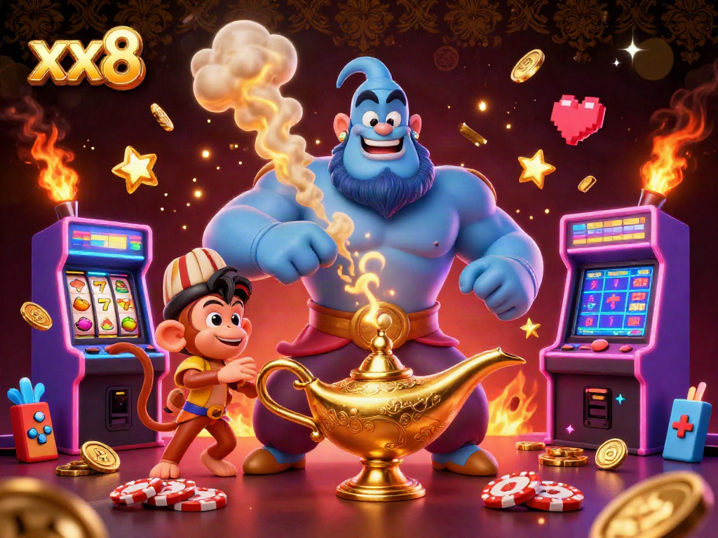 Experience xx8 magic with a lavish 3D rendering showcasing a genie, monkey, and casino thrills.