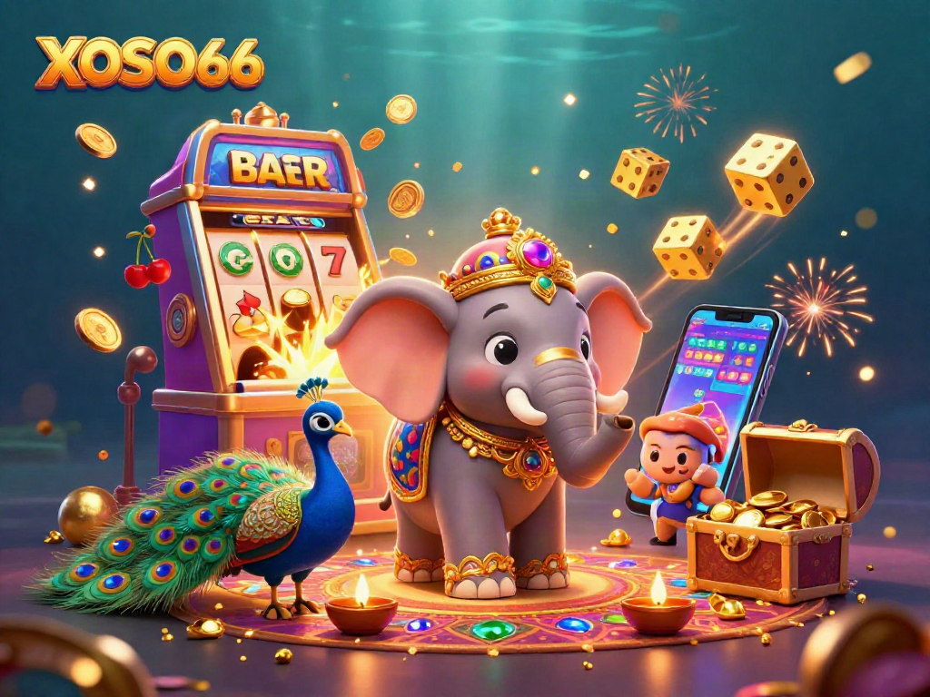 XOSO66 showcases vibrant 3D casino illustration celebrating luck with jackpot symbols and dynamic gameplay elements.