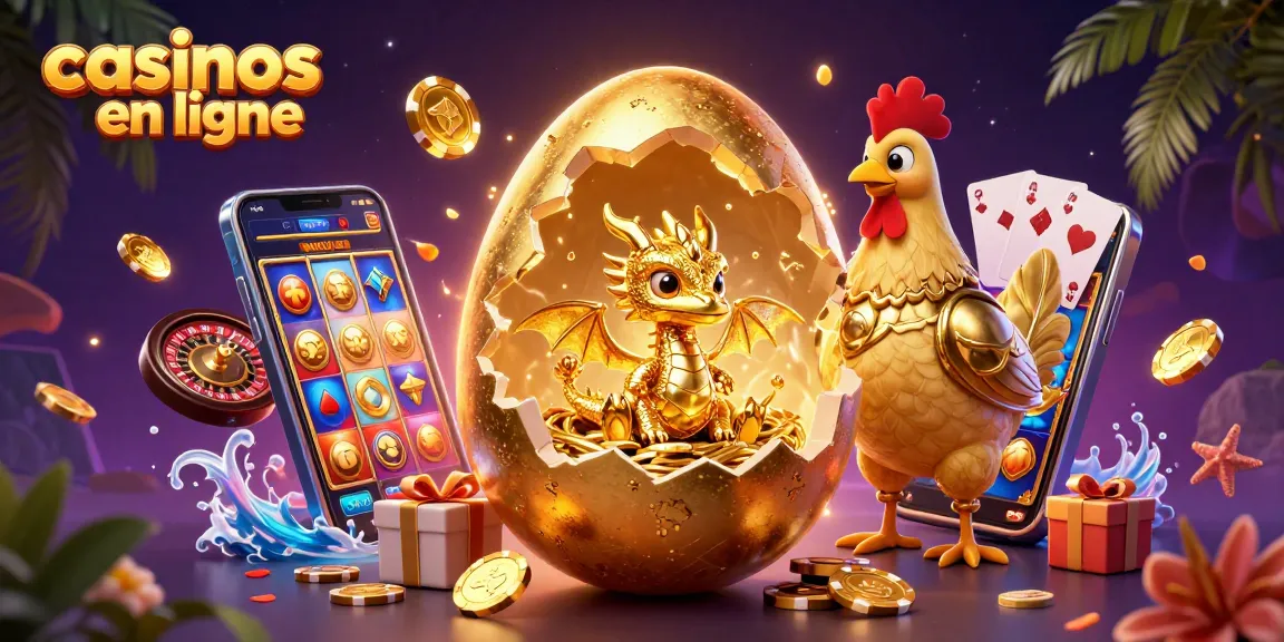Jouez aux casinos en ligne avec une dragonne dorée, des jetons de poker et des éléments de jeu colorés.