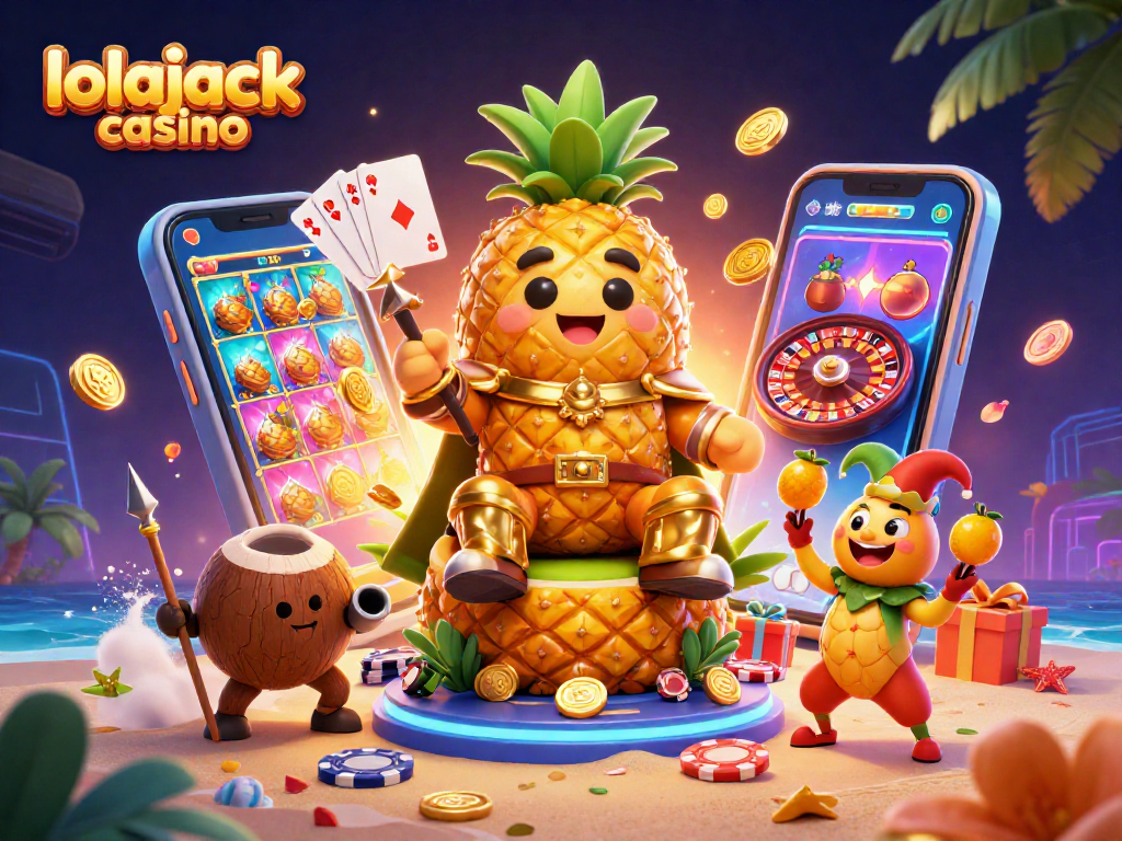 Experience the vibrant lolajack casino scene with a golden pineapple king and festive game elements.
