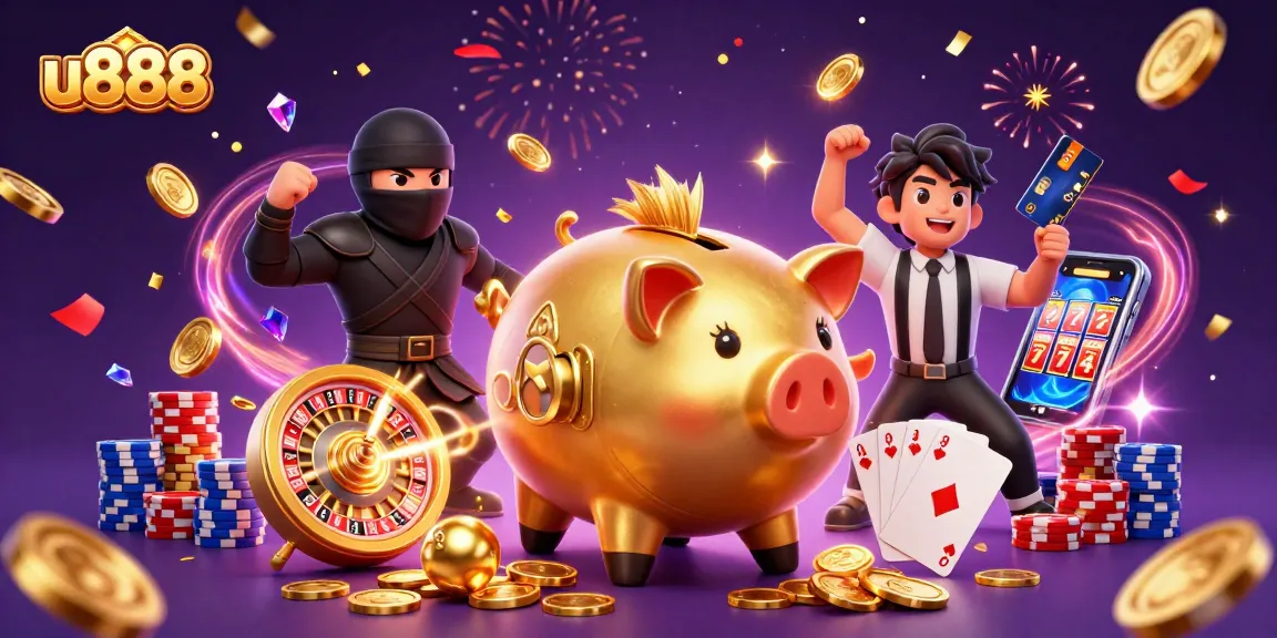Engage in thrilling gameplay at u888 with our colorful piggy bank sumo wrestler and dynamic casino elements.