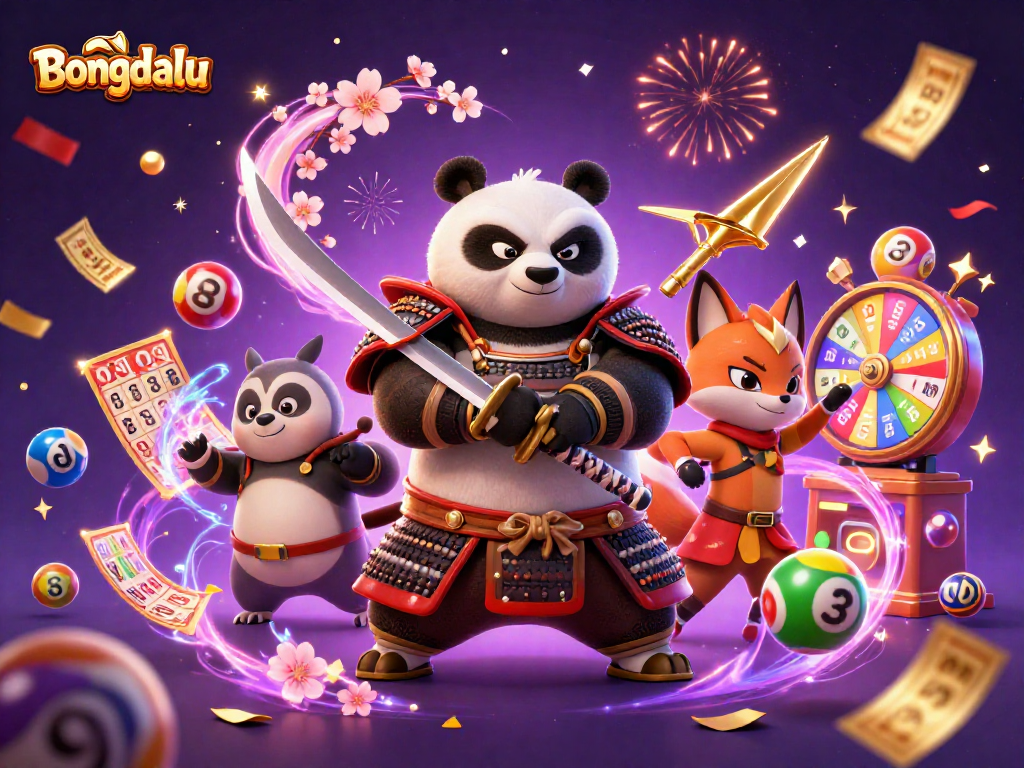 Experience Bongdalu's gaming thrill with dynamic samurai panda and ninja fox alongside vibrant lottery elements.