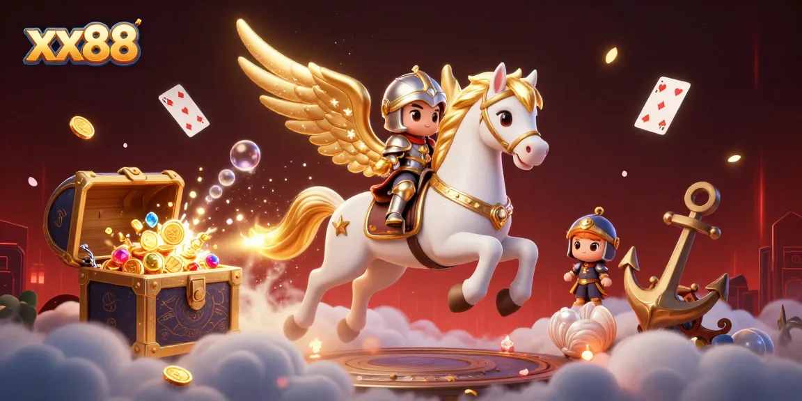 Experience the excitement of xx88 with a celestial knight and treasures in a dynamic casino scene.