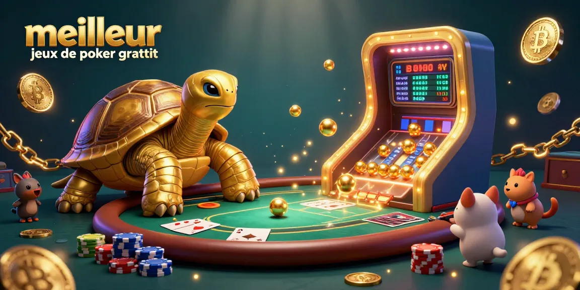 Découvrez les meilleurs jeux de poker gratuits avec une tortue géante jouant au poker, entourée de jetons brillants.