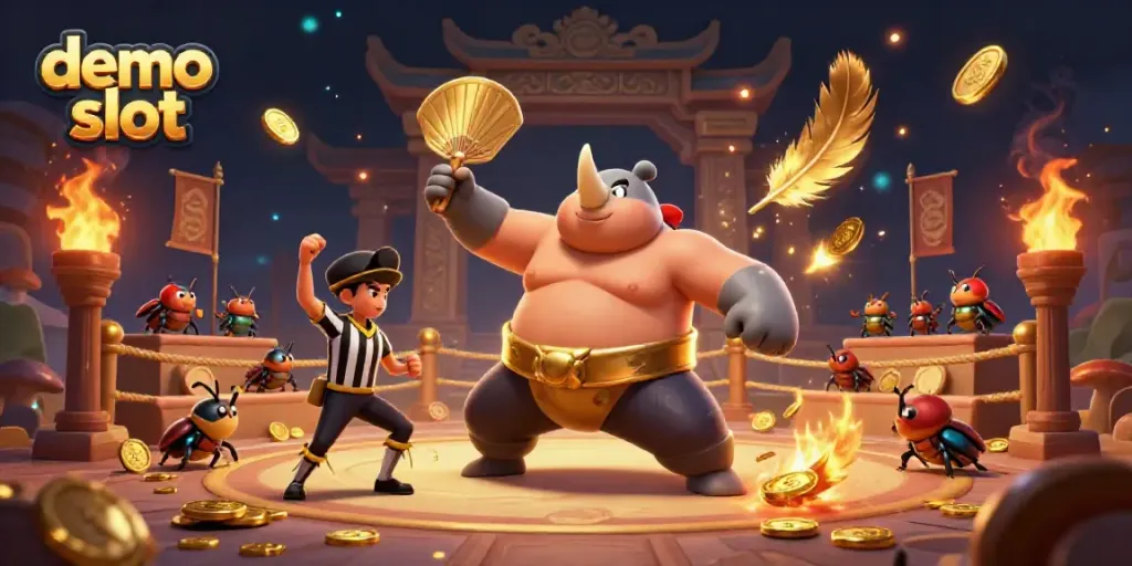 Demo slot dengan karakter kejuaraan sumo dan suasana arena yang dramatis di latar belakang.