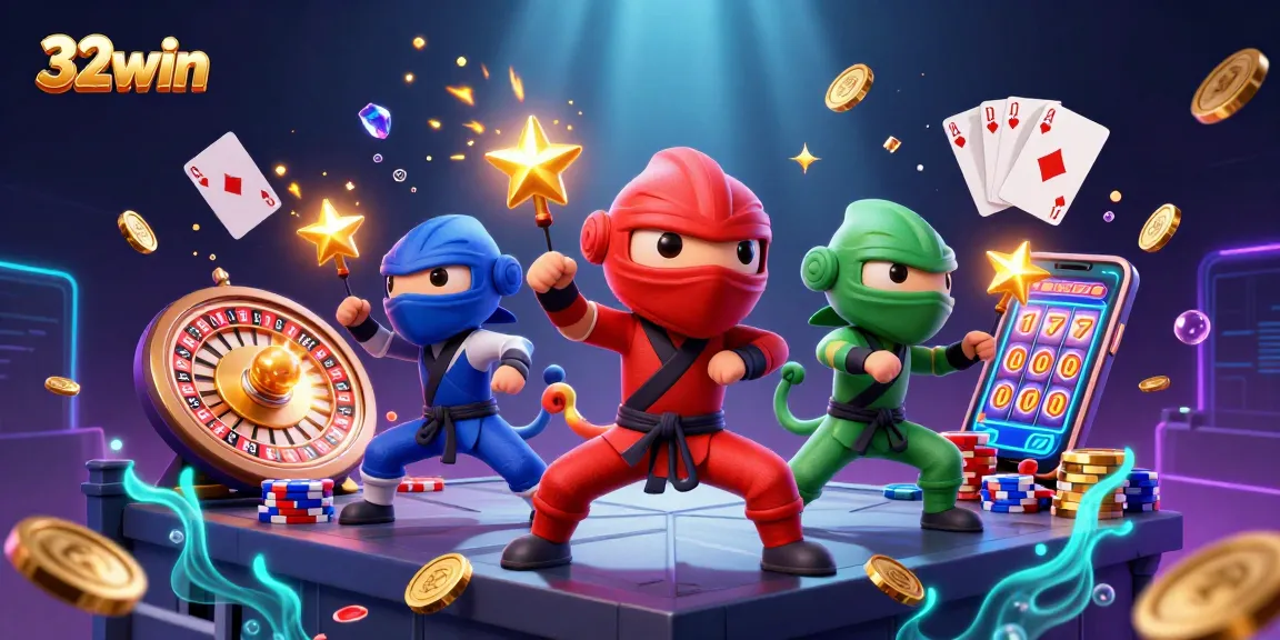 Experience thrilling action at 32win with ninja chameleons amidst cascading coins and flashing lights.