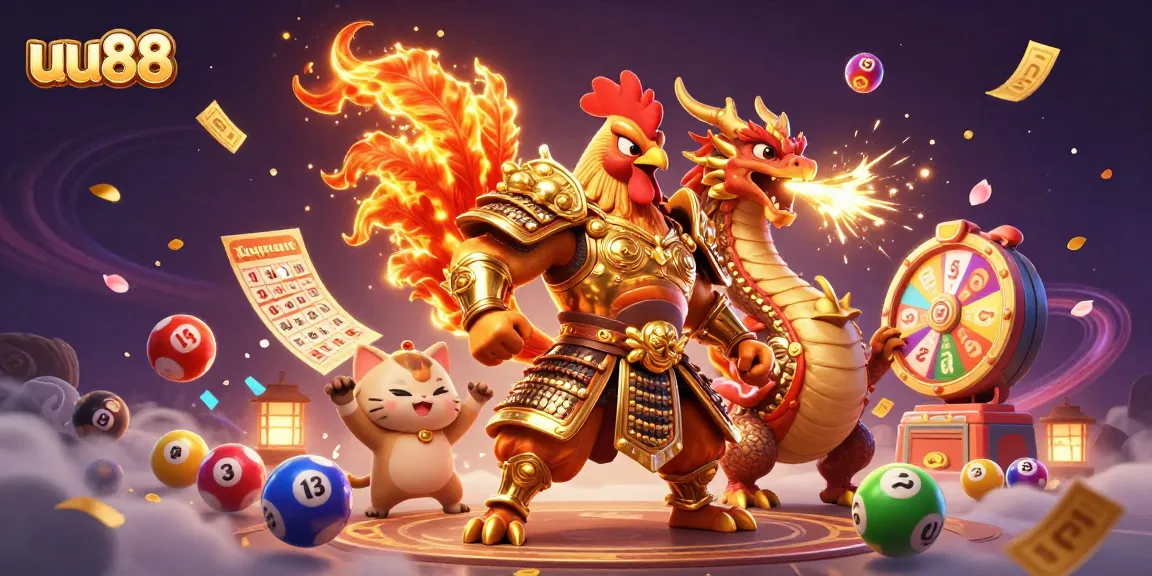 Engage with exciting games at uu88, featuring a dynamic illustration of a rooster warrior and dragon hatchling amidst gambling elements.