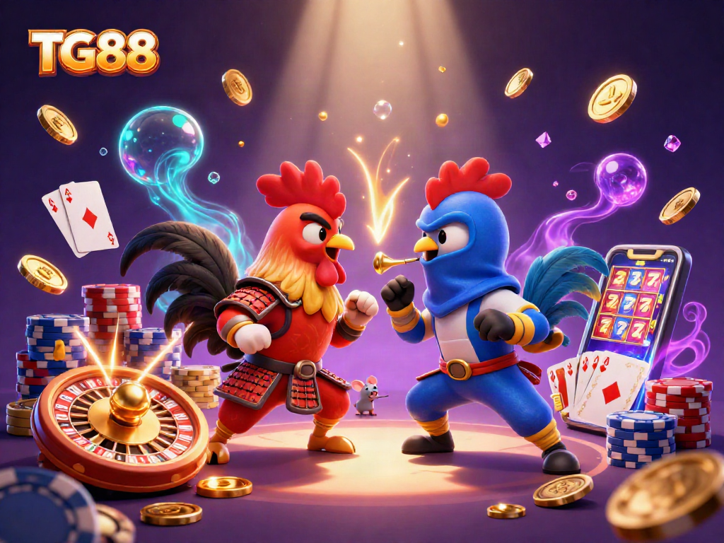 Engage in thrilling battles at TG88 casino with vibrant fighting roosters amidst cascading coins and cards.