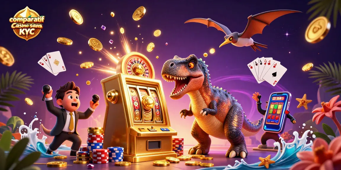 Comparatif casino sans KYC : Trois dinosaures animés dans une scène de jackpot dynamique avec des pièces d'or.
