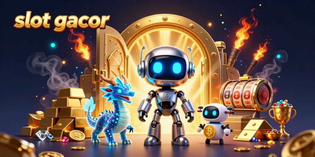 Engage with slot gacor gameplay featuring a cyberpunk robot and holographic dragon in a treasure-filled casino scene.