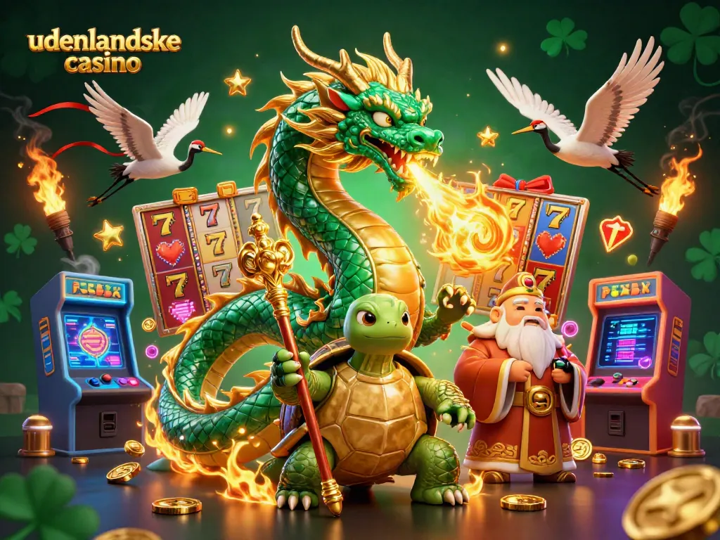 Experience the excitement of udenlandske casino with a jade dragon, sage, and lucky cranes in a vibrant illustration.