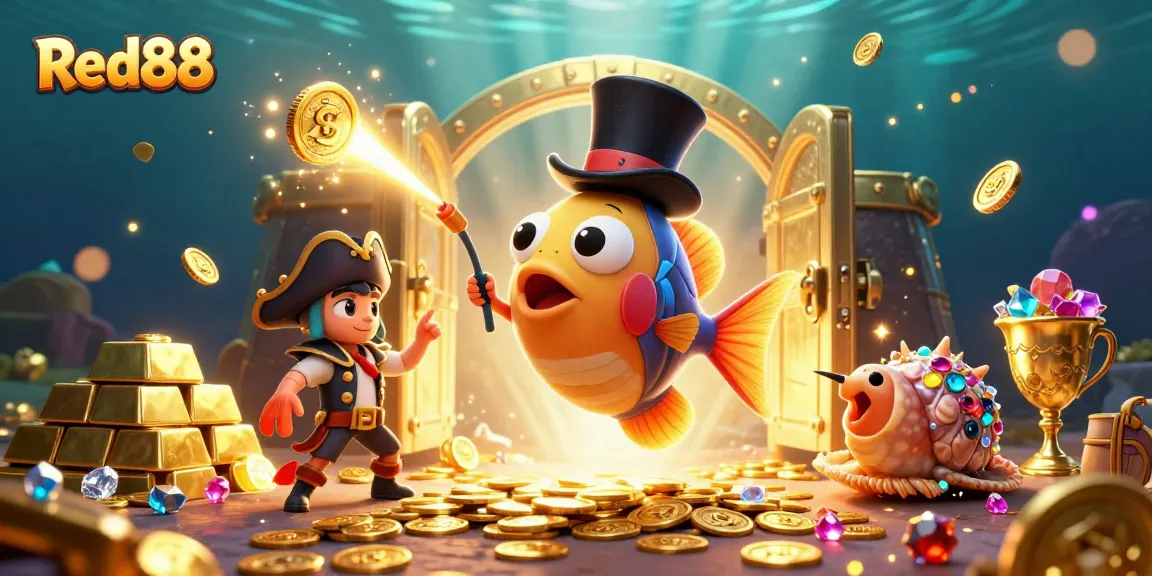 Red88 attracts players with vibrant 3D underwater treasures and animated characters in a lively casino scene.