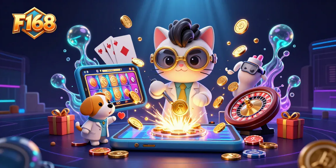 Experience thrilling gaming action with F168, featuring mad scientist cat and dog in a lively casino scene.
