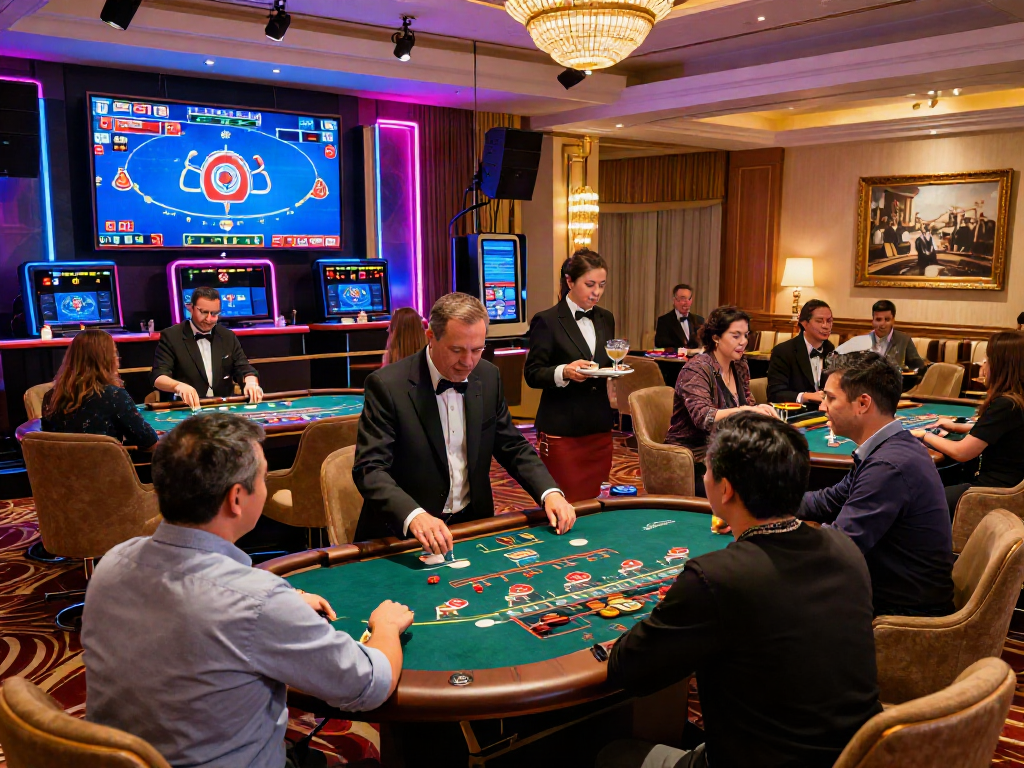 Exciting live casino atmosphere with players enjoying blackjack and baccarat games, showcasing real-time action.