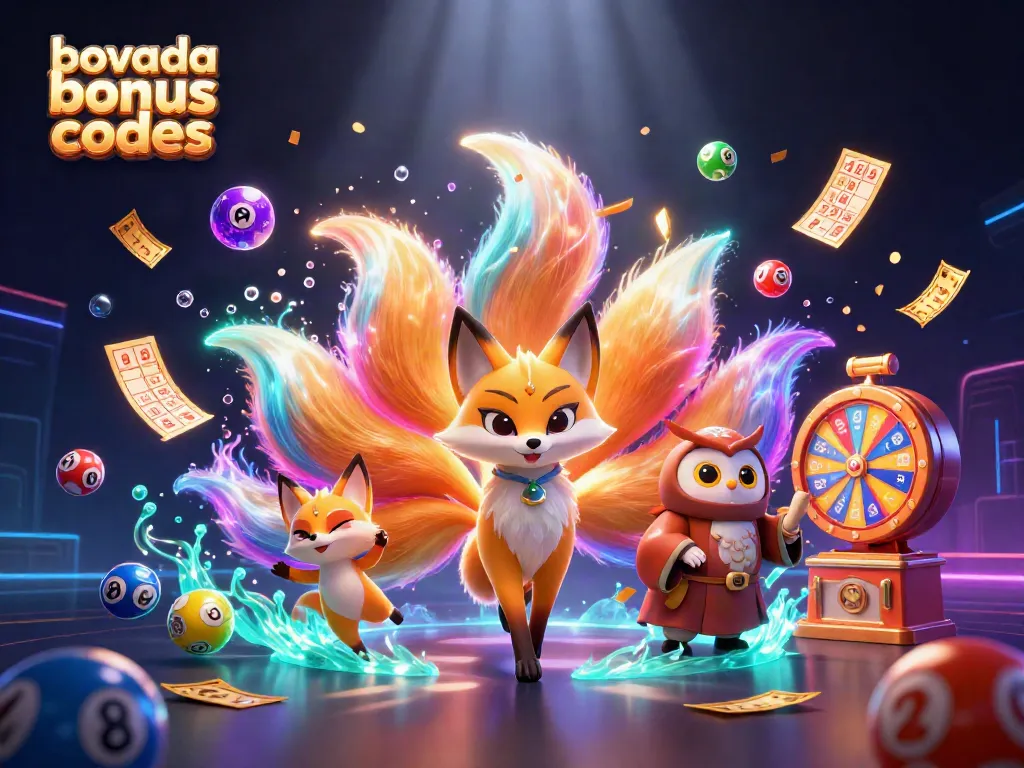 Engage with the vibrant Bovada bonus codes scene featuring a nine-tailed fox, lively orbs, and lottery elements.