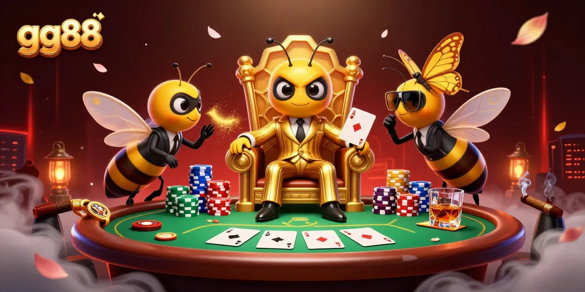 Engage with gg88's thrilling poker scene featuring a bumblebee mob boss amidst vibrant casino elements.