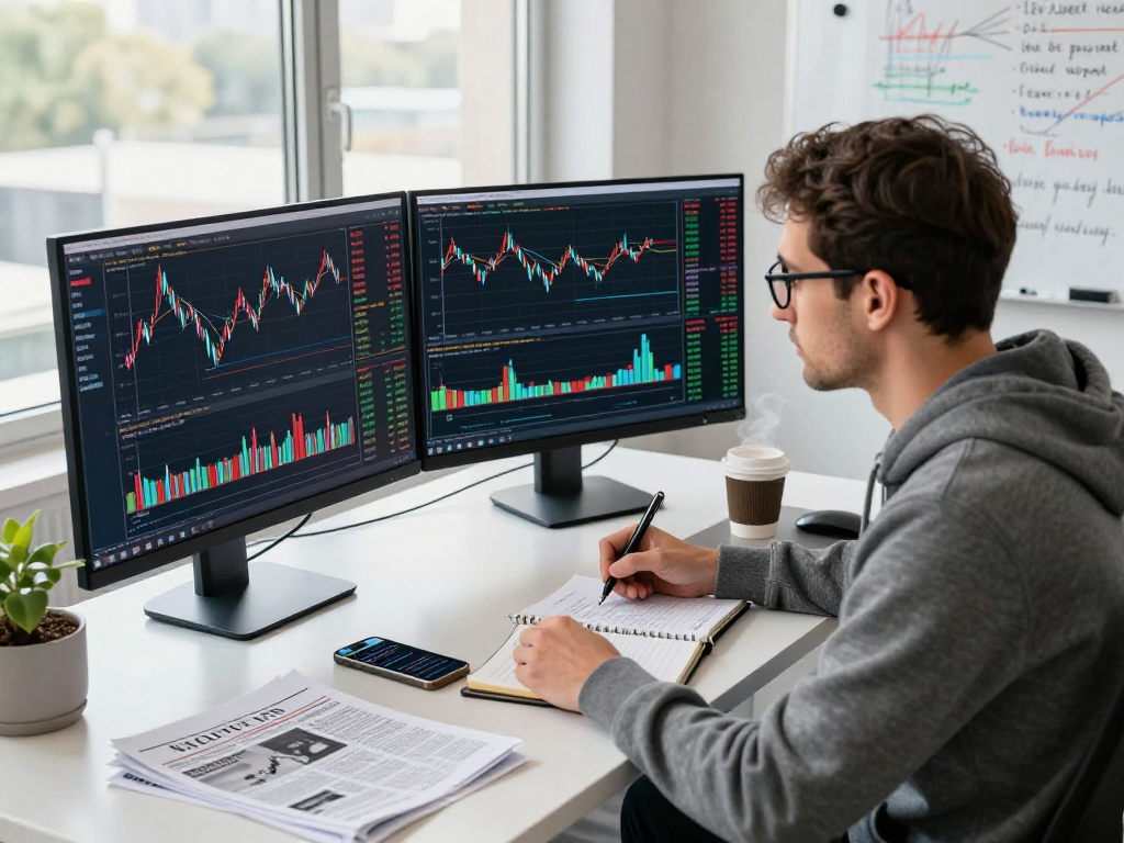 Trader analyzing TradingView stock charts with dual monitors in a modern office environment.