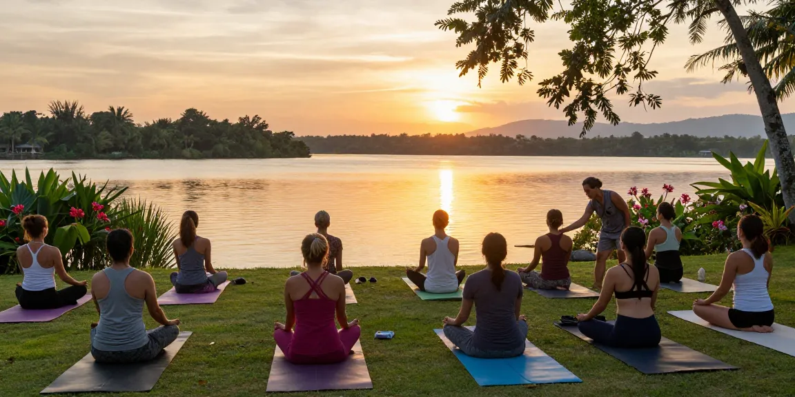 Yoga retreat Sri Lanka with diverse individuals practicing by a tranquil lake