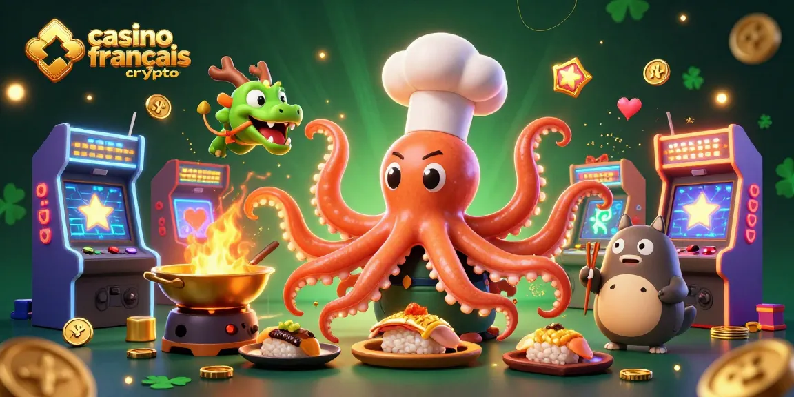 Jouer dans un casino français crypto avec un chef sushi pieuvre et un dragon stylé.