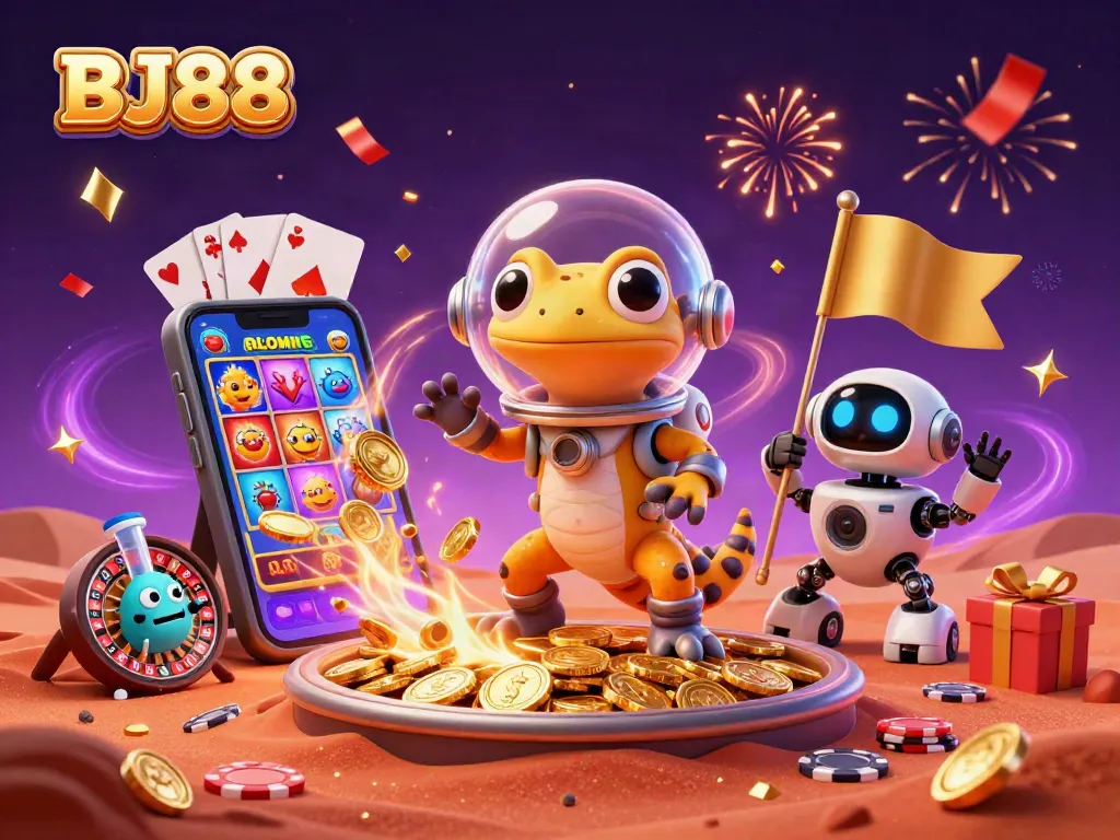 BJ88 showcases a vibrant scene with a Martian gecko uncovering a hidden casino among golden treasures, featuring gaming elements.