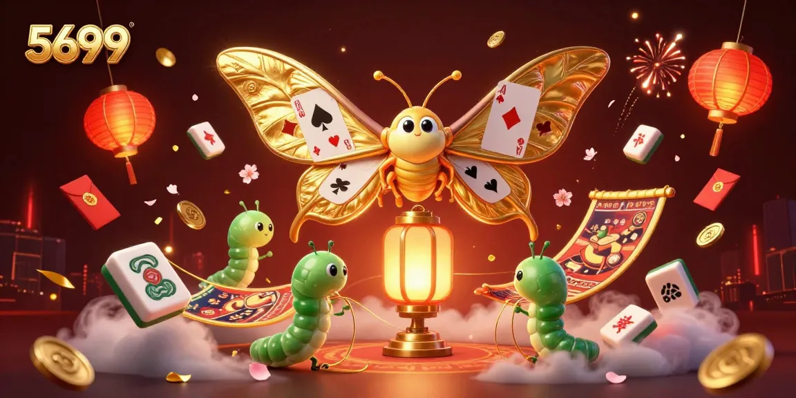 Experience thrilling games at 5699 with a stunning illustration of an atlas moth and casino elements.
