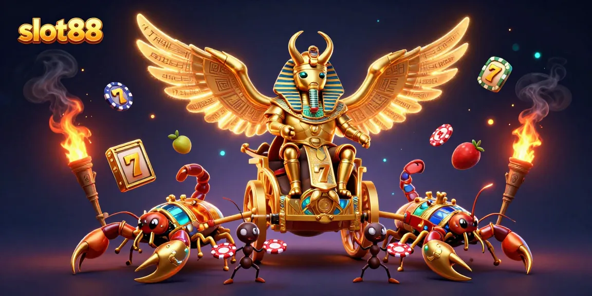 Engage with slot88 through thrilling gameplay around a golden scarab, with vibrant slot elements.