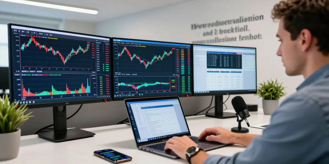Trader using MetaTrader 4 on multiple monitors, showcasing forex charts and analysis tools in a modern workspace.