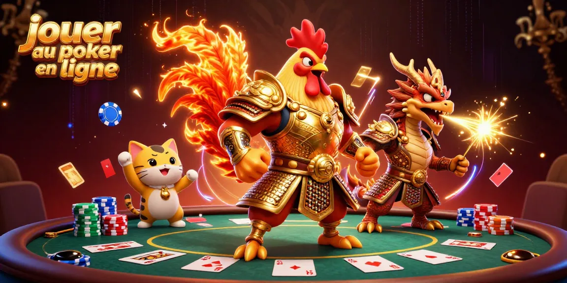 Jouez au poker en ligne avec une scène dynamique de guerriers et de tables de poker, riches en éléments visuels.