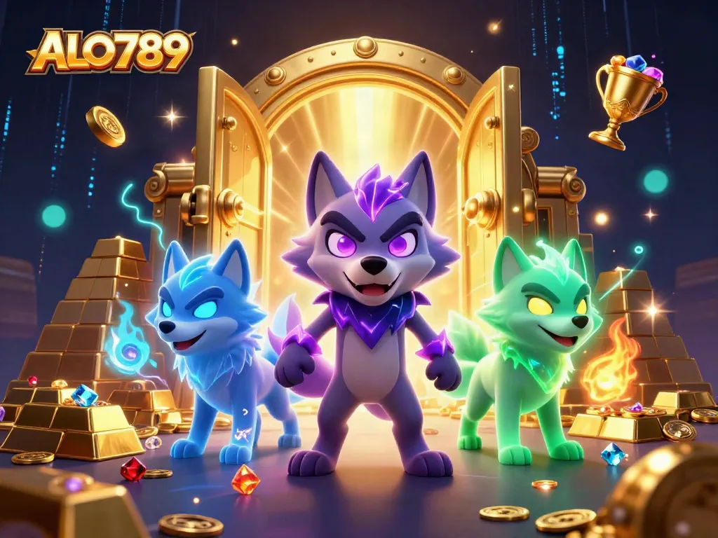 Experience thrilling online cockfighting action with ALO789, showcasing a dynamic scene of spectral wolves and treasures.