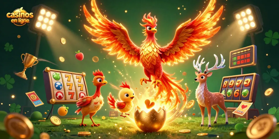 Plongez dans l'univers des casinos en ligne avec une illustration captivante d'un phénix, un œuf d'or et un cerf mystique.