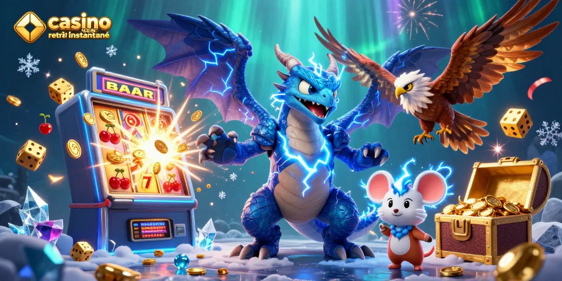 Profitez de jeux palpitants dans un casino en ligne retrait instantané avec des dragons, des machines à sous et des jetons scintillants.