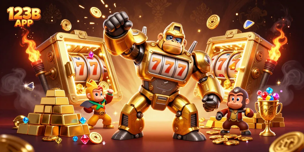 Win big with 123B APP in this dynamic casino illustration featuring a golden gorilla mech.
