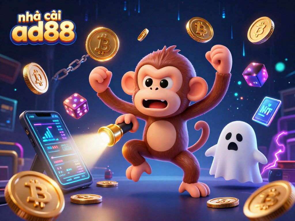 Discover excitement at nhà cái ad88 with a vibrant 3D casino scene featuring a playful poltergeist monkey and a curious ghost-hunter puppy.